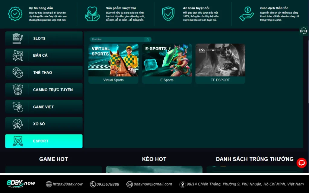 Giao diện sảnh Esport 8 DAY